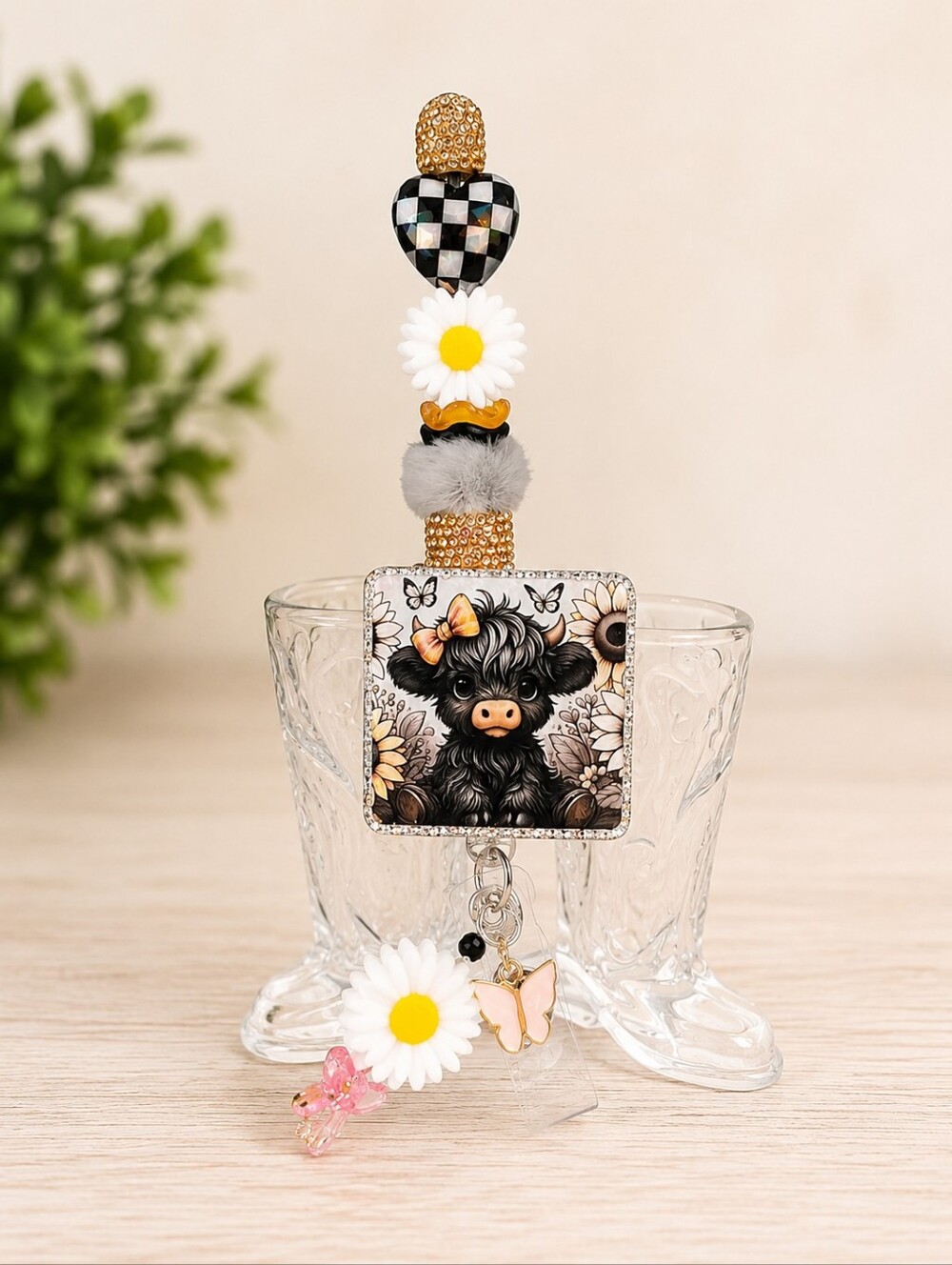 Handmade by Rockin' 3 Leather, Cute Calf & Daisy Badge Reel & Bling Pen Set